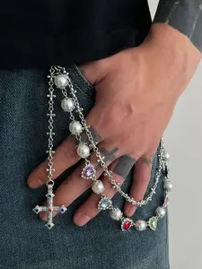 Silver Gold Y2K Cross Pants Chain for Men Women Pocket Chain for Pants Dainty Trendy Jean Chains for Men Pearl Jean Chains for Women Chains for Jeans Biker Chain Hip Chain Body Chain Bling Chain Colorful Heart Rhinestone Adjustable Waist Chain
