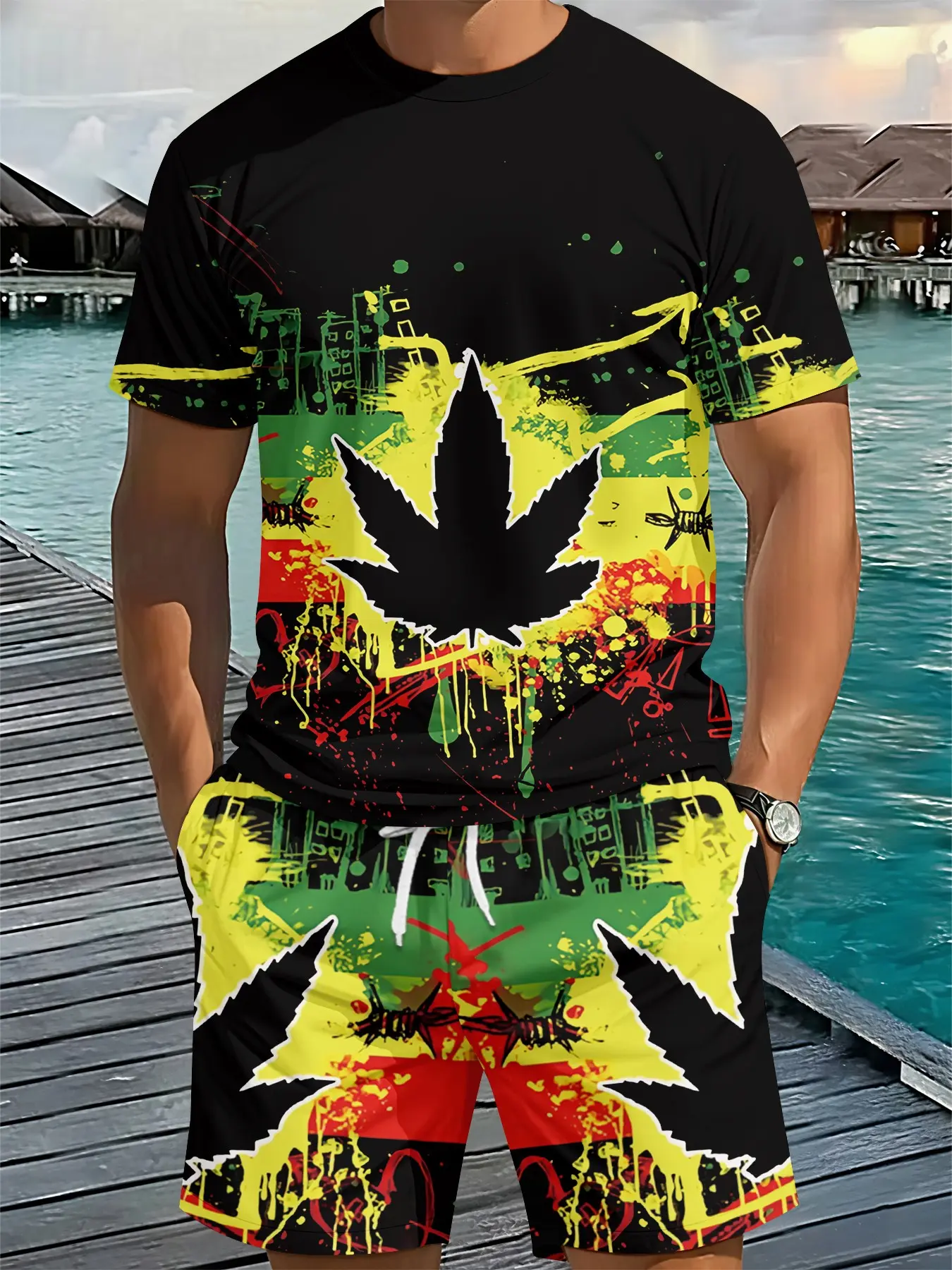 Reggae graffiti maple leaf 3D digital printing two-piece set, 2Pcs, trendy fashion suit, trendy retro casual two-piece outfit, vacation-style trendy wear, breathable sports casual style, an ideal holiday gift for men