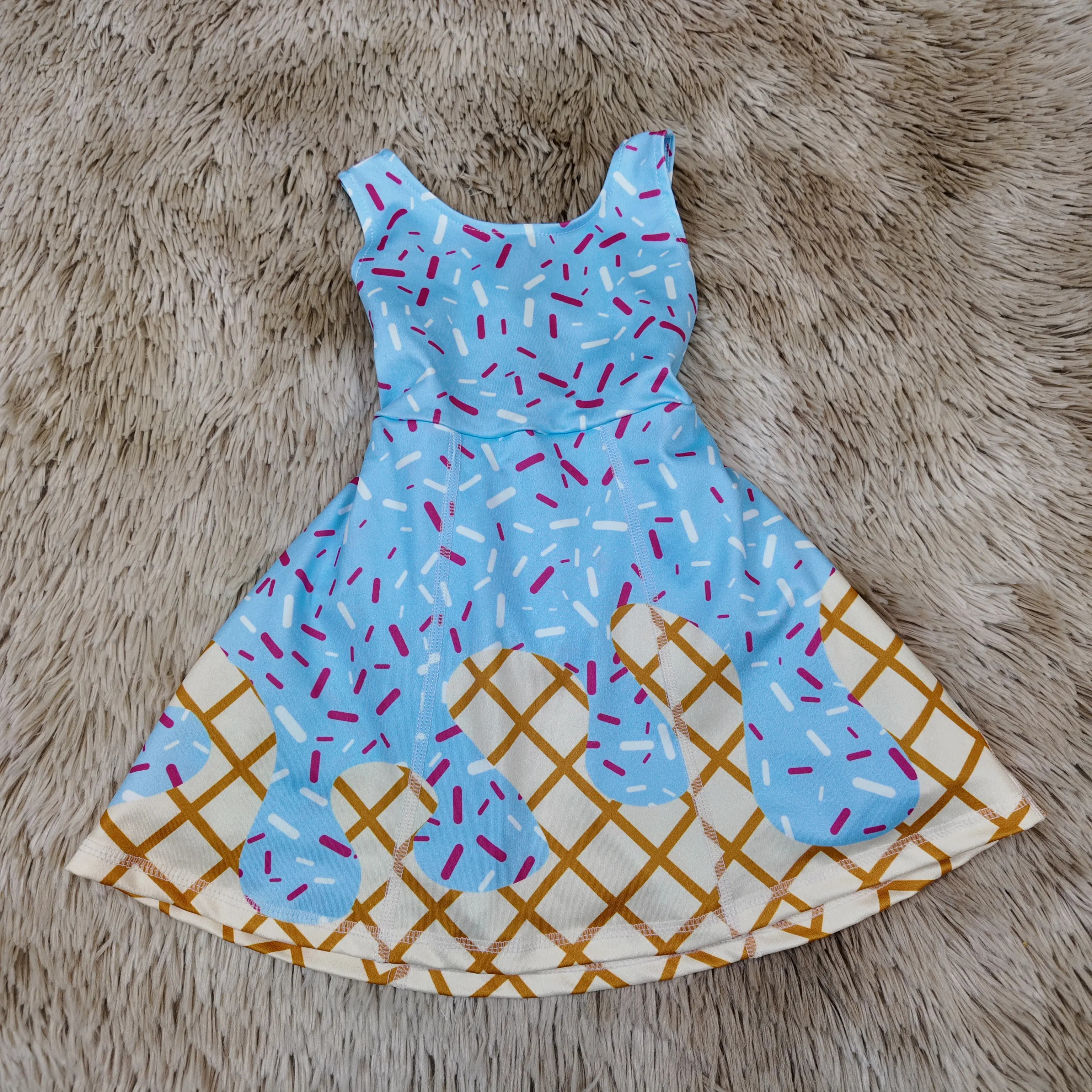 Girls' Dripped Ice Cream Print Sleeveless Athletic Summer Skater Fun Dress - Active Kids' Outdoor Playwear, Sleeveless Shirt, Sporty Chic, Skater Cut, Easy Movement, Relaxed Fit
