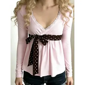 Women's polka dot bow tie lace patchwork deep V-neck sweet style fitted top, spring and autumn fashion casual shirt long sleeved shirt