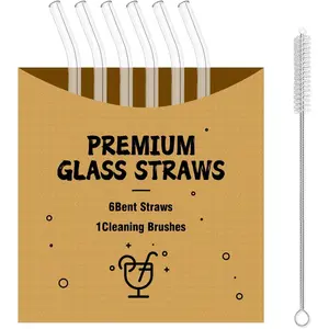 Glass Straws 6 Pack,  Clear Drinking Straws-6 Bent Straws with 1 Clean Brush-Plastic-Free Cleaning Brush - Dishwasher Safe -Suit 16 Oz Glass Cup for Smoothies  Mojito Ect