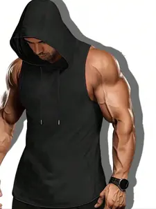 Men's Solid Color / Letter Print  Drawstring Hooded Tank Top, Regular Fit Casual Sleeveless Hoodie Vest for Summer, Sleeveless Top, Men's Clothes for Daily Wear