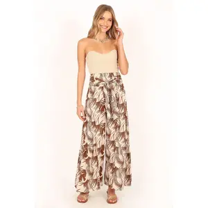 Brown Smocked Waist Long Pants with Belt