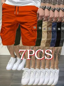 Men’s outdoor cargo shorts, 7-pack, loose fit, sporty style, solid color, non-stretch, polyester fabric, multi-pocket design with drawstring waist, men’s shorts set for value, casual bermuda shorts, beach shorts, suitable for men’s summer leisure sports