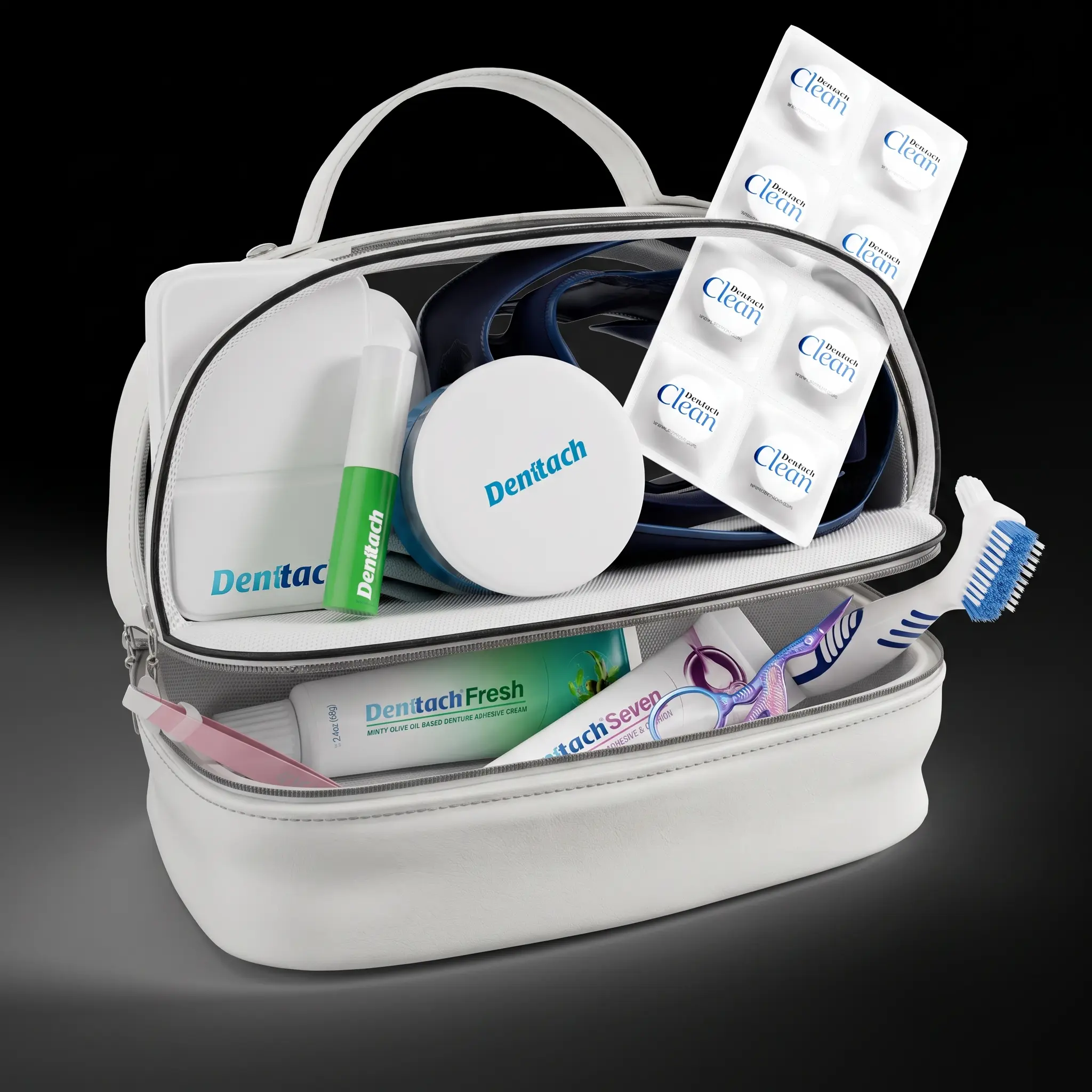 Denttach Supercharge Kit the perfect Starter Kit for those On the Denture Journey with Denttach Seven Thermoplastic Adhesive and Denttach Fresh Olive Oil Daily Adhesive