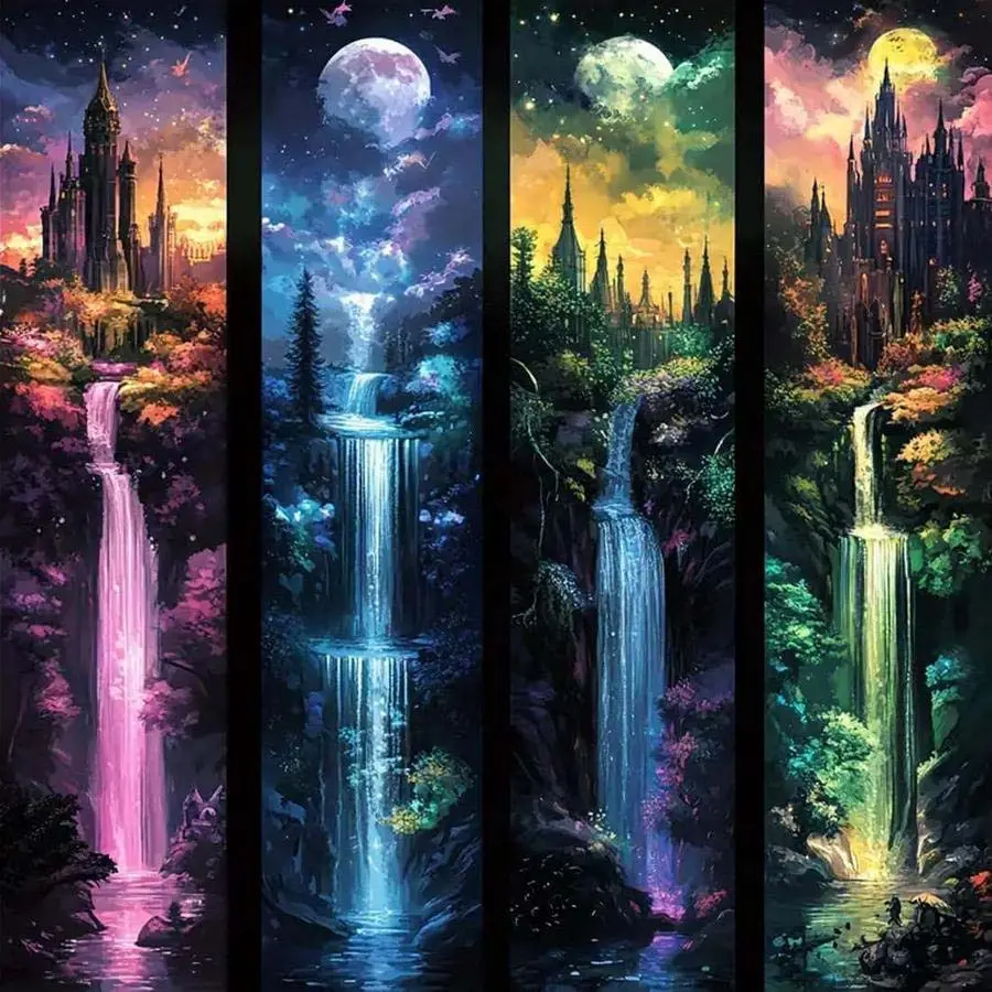 5D DIY Full Drill Round Diamond Painting - Diamond Art Kit Castle, Waterfall, Moon Mosaic, Canvas - DIY Decorative Painting, Home Wall Decor, Suitable for Halloween, Christmas, Birthday, and Anniversary Gifts, Handicraft Diamond Painting Kits