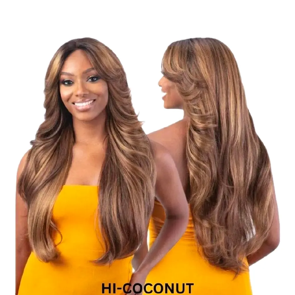 FreeTress Equal Curtain Bang HD Deep Parting Lace Wig BOMBSHELL HI-COCONUT Long Layered Synthetic Hairpiece in Hi-Coconut Color