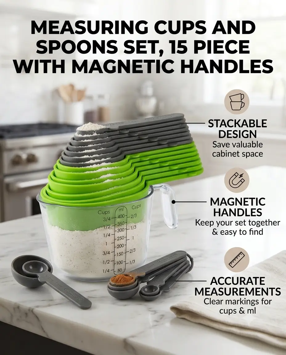 Measuring Cups and Spoons Set, 15 Piece with Magnetic Handles, Nesting Kitchen Measuring Set