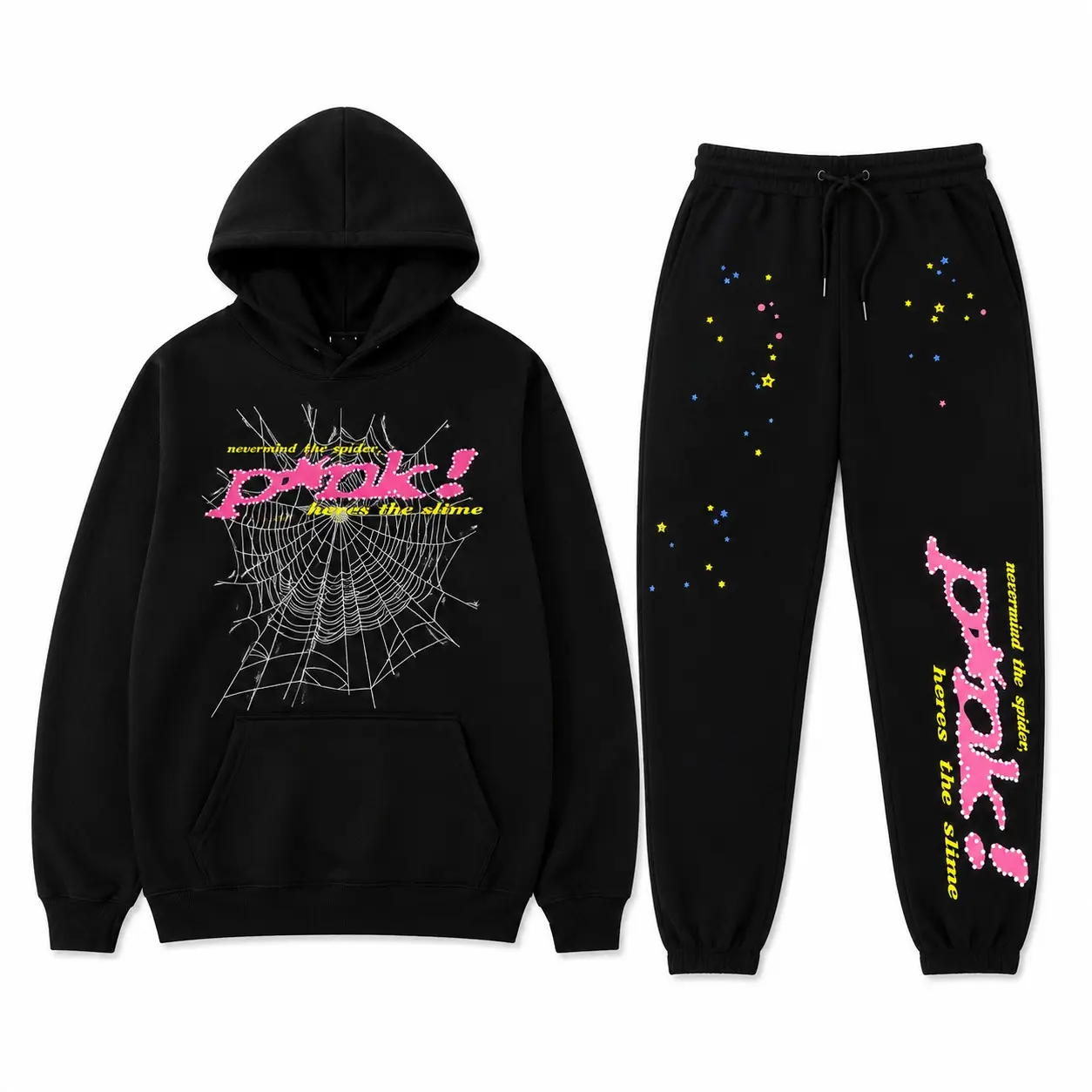 Pink Black Tracksuit Set – Y2K Web Hoodie & Sweatpants, Unisex Streetwear 2-Piece Outfit, Pullover Hoodie Set, Gift for Him & Her