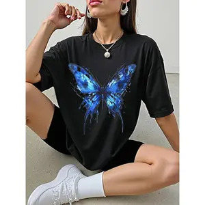 Ladies' butterfly print T-shirt, casual round neck, suitable for daily wear in summer, suitable for both men and women, men's round neck street style in summer and spring, round neck, short sleeved, casual, clothing, simple yet trendy, party and outdoor a