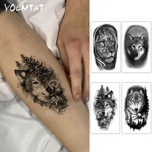 4pcs Waterproof Temporary Tattoo Sticker Black Lion Wolf Forest Moon Bird Realistic Small Animals Pattern Body Art Arm Fake Tattoos Sleeve For Women Men Neck Wrist Hand Aesthetic Tattoo Merch