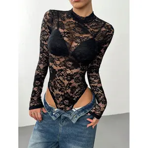 1pc Women's Sexy Lace Turtleneck Long Sleeve Bodysuit, Bohemian Style, Suitable For Music Festivals, Spring/Summer