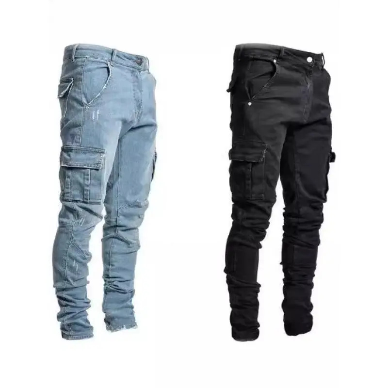 Men's Slim-Fit Cargo Pants in Distressed Stretch Cotton, Classic Straight-Leg Denim with Utility Pockets for Streetwear, Natural Hipster, Fashion, Flexible Waist, Distressed Look, Slim-Fitting