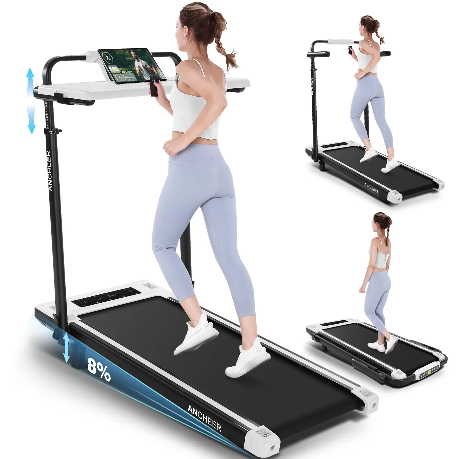 Ancheer Walking Pad, Folding Home Gym Equipment with Detachable Desk Workstation, Adjustable Height, 8% Incline, 7-Layer Shock-Absorbing Belt, 300 lbs Capacity