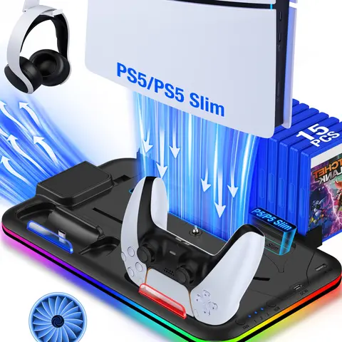 ESYWEN Cooling Stand with Cooling Fan & Dual Controller Charging Station for PS5 Slim (Disc/Digital), Playstation 5 Accessory with Built-in Stand, 15 Game Slots, 6 Card Storage Slot, Headset Holder, Adjustable Fan Speed