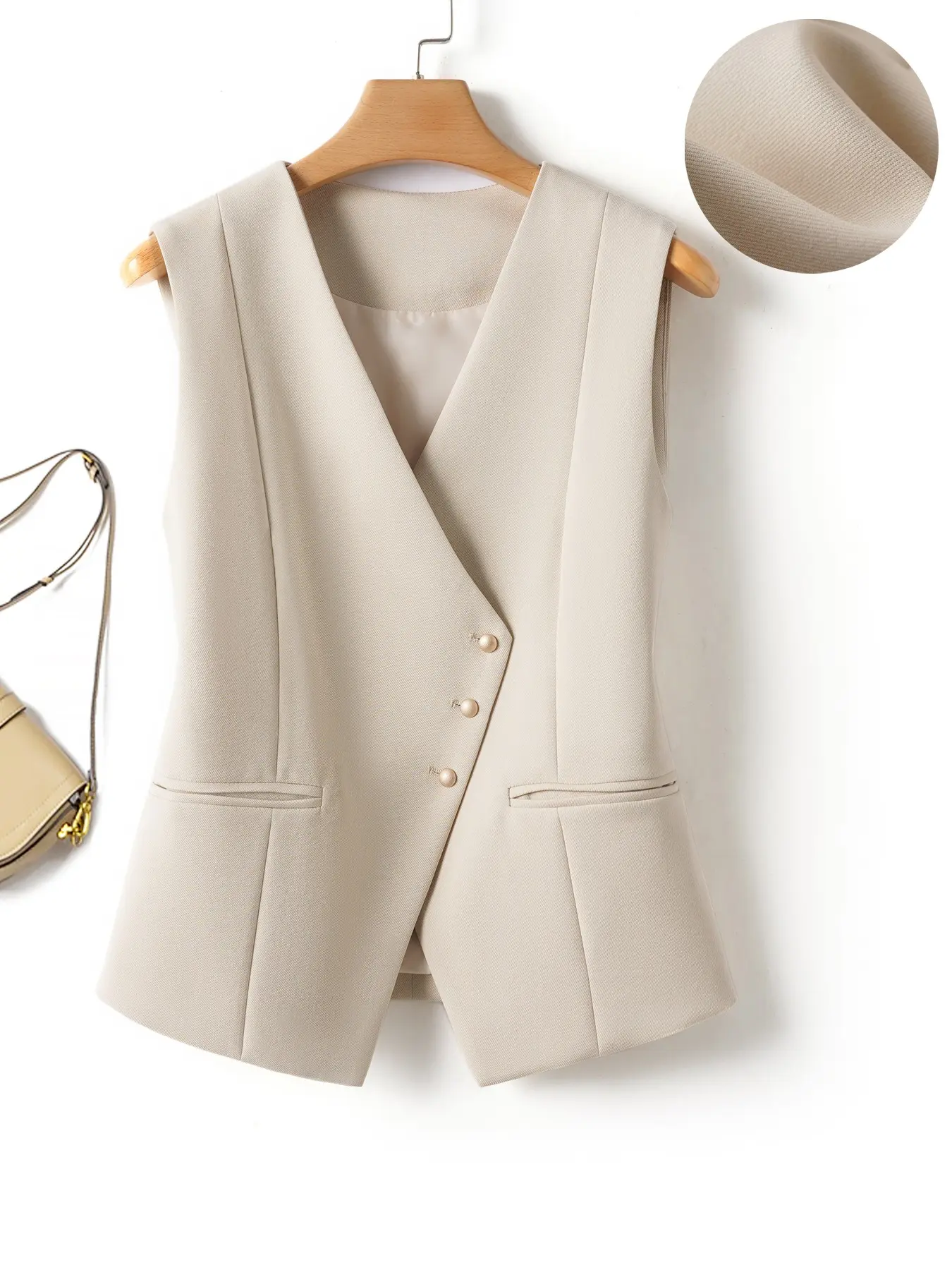 Women's Vneck Cross Button Sleeveless Vest Blazer Jacket, Spring & Fall Office Business Slim Fit Casual Outerwear, Versatile Daily Wear Top, Formal Dress Plain Waistcoat