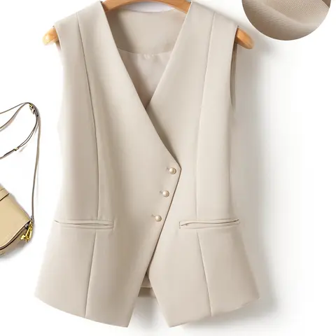 Women's V Neck Cross Button Vest, Casual Plain Waistcoat, Spring & Fall Office Business Slim Fit Casual Outerwear, Versatile Daily Top