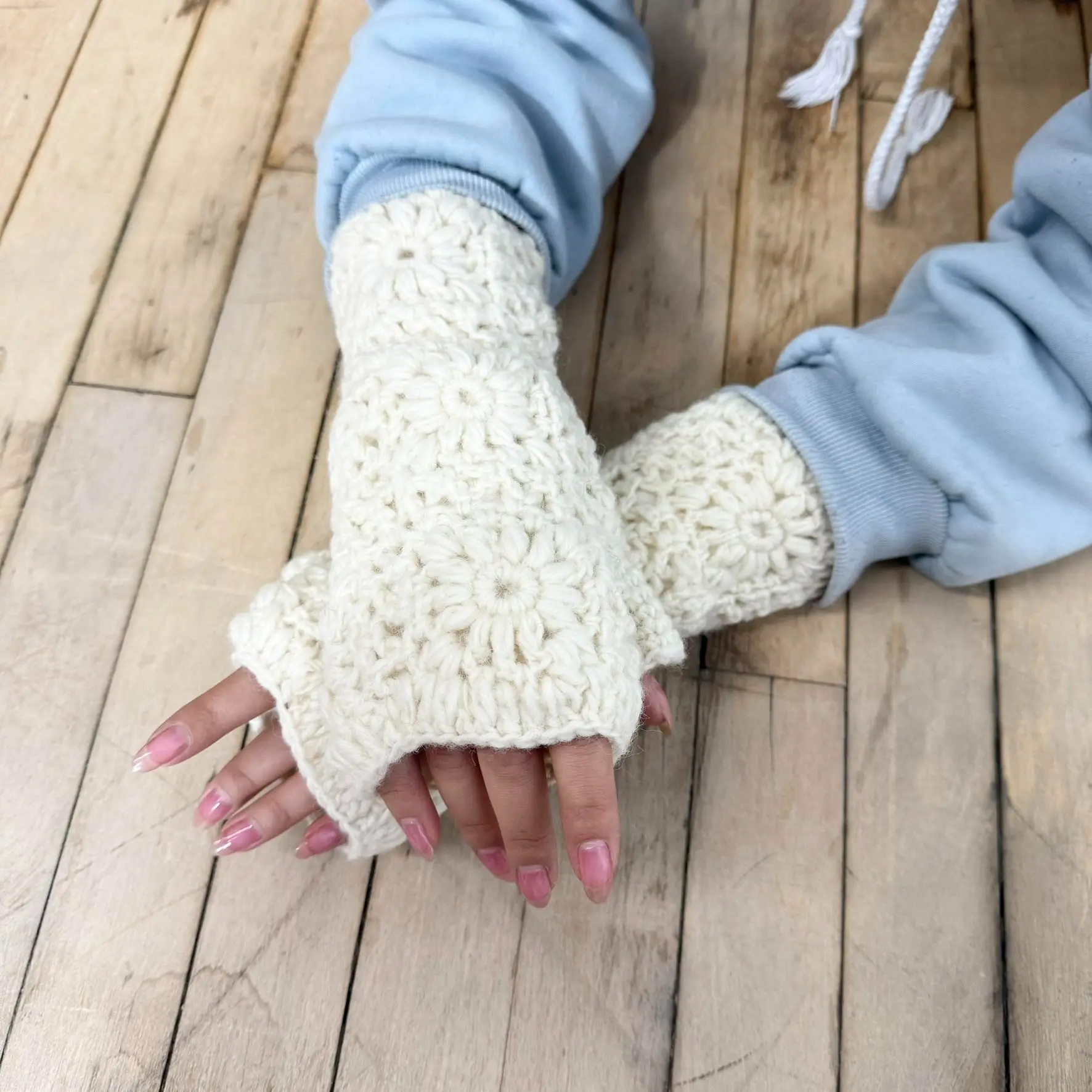 Handknit Crochet  Design Handwarmers, Fingerless Gloves with Fleece Lining, Mittens, Wool Handwarmers, Wrist warmers, Winter Gloves, Non Itchy Gloves, Boho Hippie Gloves