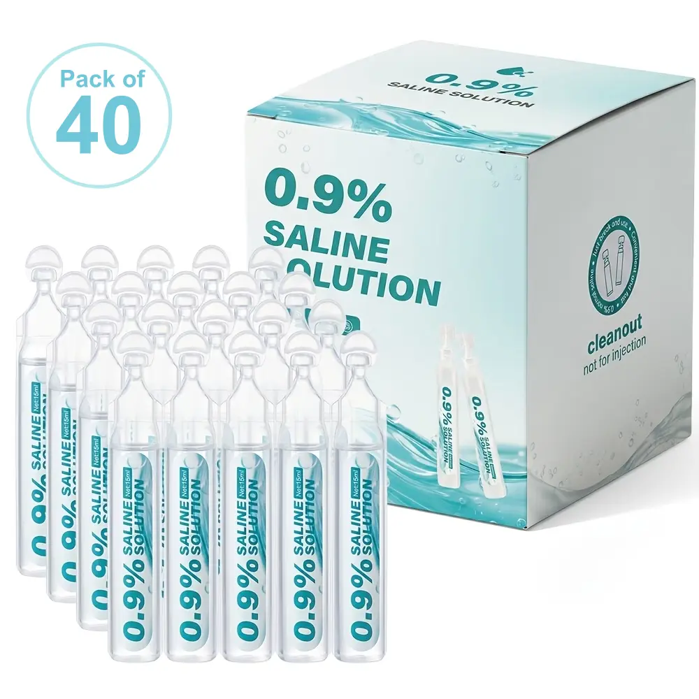 0.9% Saline Solution Vials, 40 Pack of 15ml Single-Use Sterile Doses for Gentle Daily Moisturizing, Wound Care & Plain Nasal Cleaning, Oral, Respiratory Support Nasal Cleaning