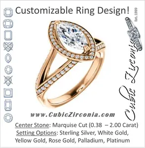 Cubic Zirconia Engagement Ring- The Loren (Customizable Marquise Cut Halo Design featuring Three-sided Twisting Pavé Split Band)