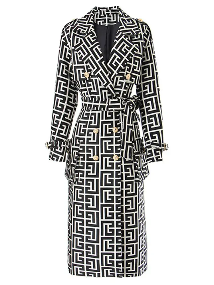 HIGH STREET Newest Fall Winter 2024 Designer Women's Lion Buttons Geometrical Monogram Jacquard Belted Trench OverCoat Womenswear Adjustable