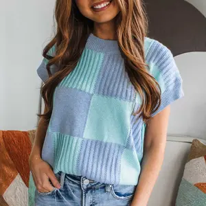 Light Blue Checkered Color Block Crew Neck Short Sleeve Sweater