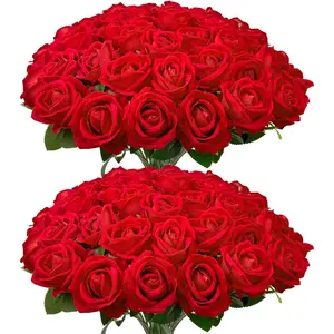 Valentines Day Artificial Flowers Bulk 50 PCS, Fake Velvet Silk Red Roses with Long Stems Realistic Bouquet for Wedding Centerpieces, Faux Arrangement for Home Table Decorations,cool stuff for room flower bouquets room decorations