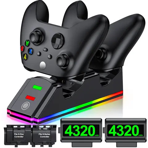 Dual-Controller Charging Stand for Xbox Series X/S & Xbox 1, 2x4320mWh Rechargeable Batteries, 4 Battery Back Covers, Charging Cable, 2000+ Recycle Times, 4-Hour Full Cycle, Advanced Safety Features, Better Gaming Experience (Controllers Not Included)
