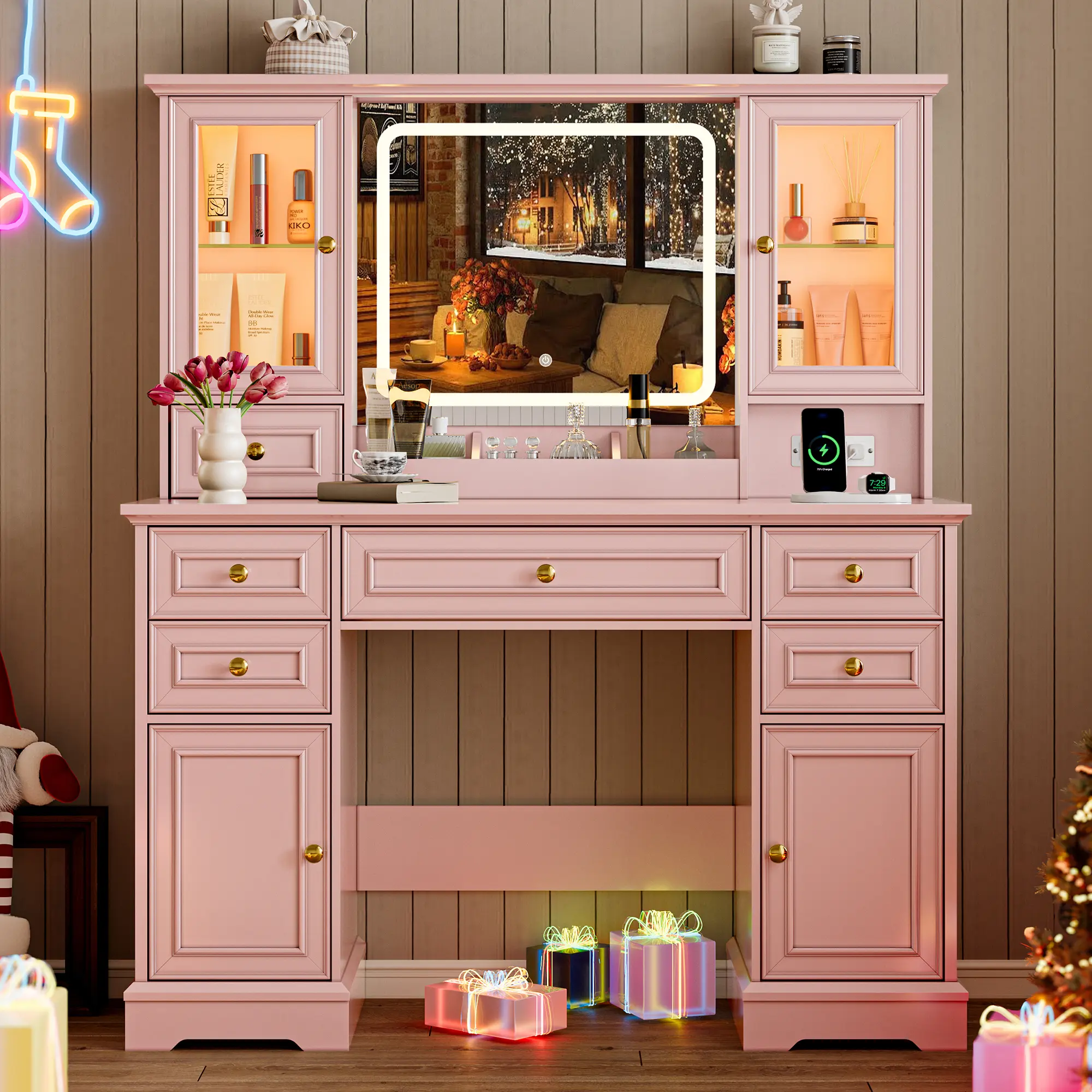 Led Light Vanity,Adjustable Lighting Makeup Vanity Set，Farmhouse Vanity Desk with Mirror and Lights,Large Makeup Table Set with RGB Cabinets,6 Drawers and Storage Shelves Dressing Table for Bedroom Dressing Room， fathers day gift ideas