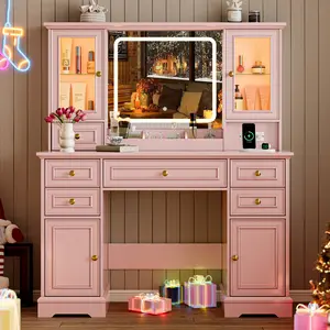 Led Light Vanity,Adjustable Lighting Makeup Vanity Set，Farmhouse Vanity Desk with Mirror and Lights,Large Makeup Table Set with RGB Cabinets,6 Drawers and Storage Shelves Dressing Table for Bedroom Dressing Room，