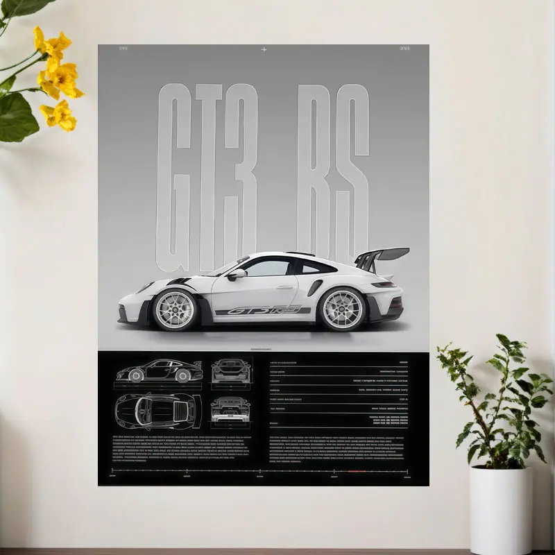 PC frameless Porsche 911 GT3RS car art decoration poster, Unframed Wall Art, Home Decor Products, Decoration Items, suitable for wall decoration in living room, bedroom, office, as an art piece, gift and decoration, 12 inches x 16 inches