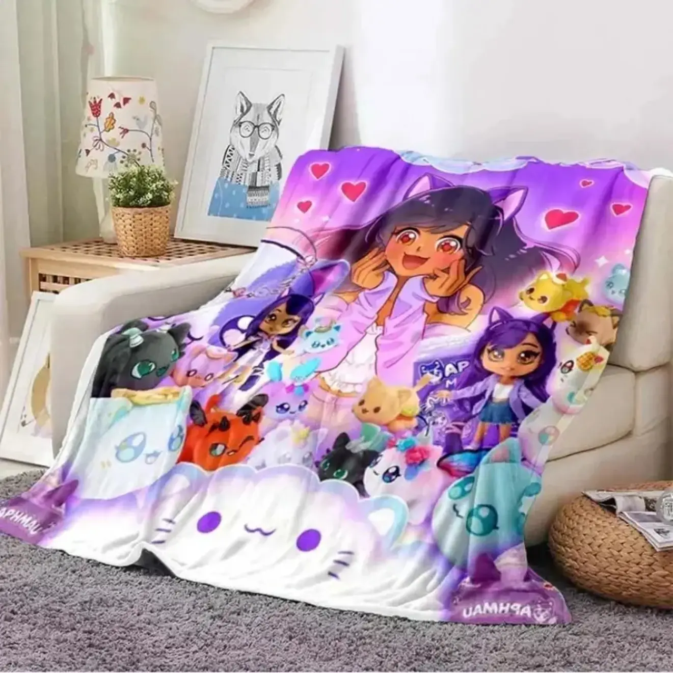 Aphmau Meemeows Cartoon Blanket, Cute Cat Character Art on Soft Plush Flannel Throw for Kids Bedrooms and Gaming Sofas, Meemeows Fans, Roleplay Room Decor, Movie Nights, Sleepovers and Cozy Everyday Rest