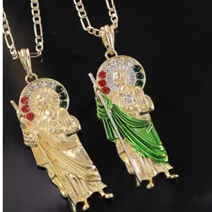 San Judas Tadeo Chain - Big Pendant 3" Joyeria Enchapada en Oro Laminado 14K Religious San Juditas St Jude Thaddeus Pendant with Figaro Link Necklace 24" 4mm - Joyeria Religiosa
