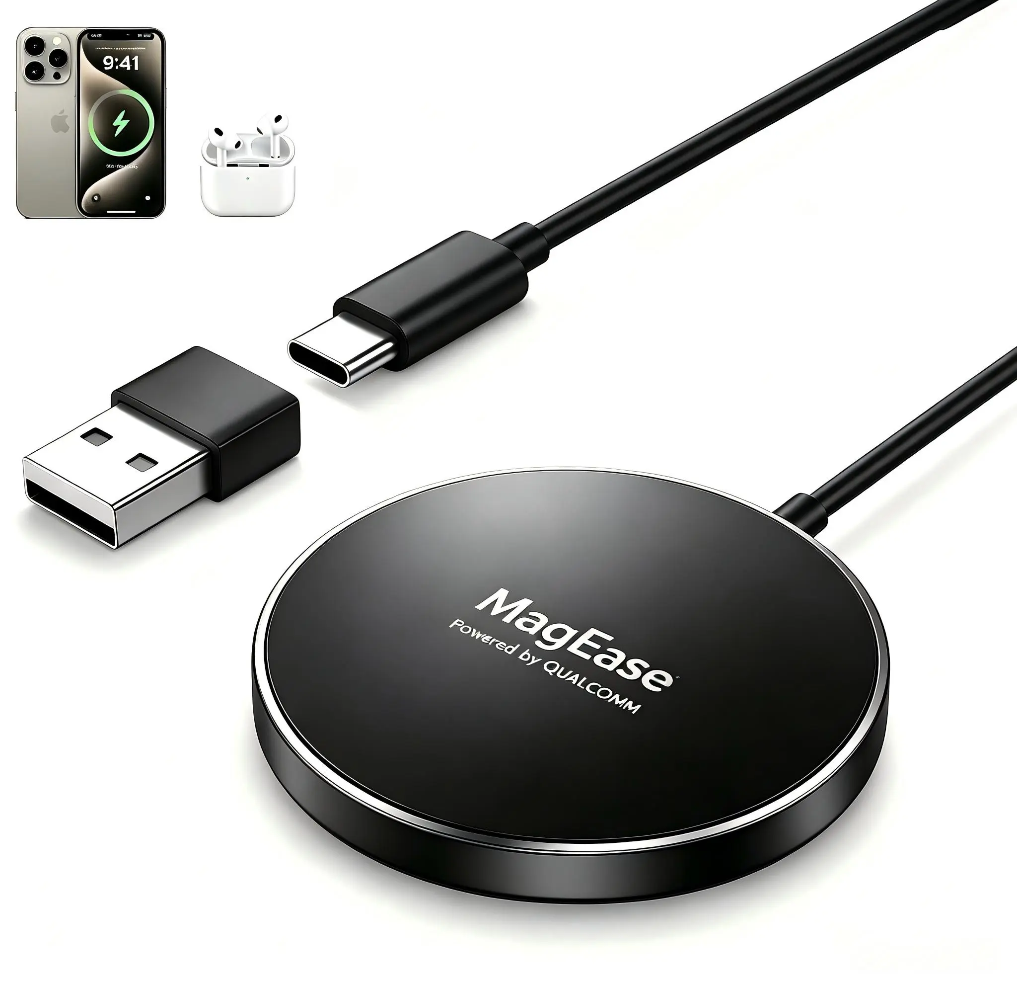 MagSafe Magnetic Phone Charger, Strong Magnet Aluminum Alloy Heat Dissipation Charging Pad for iPhone 12-17, AirPods Series & Compatible Devices, W/ USB-C Cable & USB-A Converter