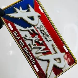 Puerto Rico Flag Design 6x12 Metal License Plate, Glossy Finish, Gold Edges, for Vehicle Use or Decor
