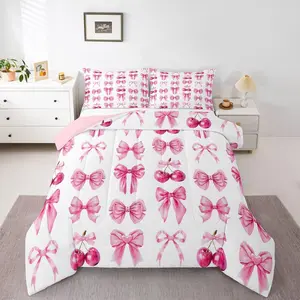 Pink Cute Cherry Bow Comforter Set Princess Decor Bedding Set for Kids Boys Girls Pink Bow Duvet Quilt Kawaii Bedroom Decor Microfiber