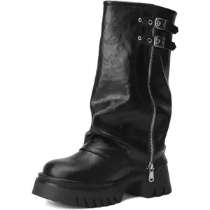 Mid Calf Boots for Women Fold Over ZipperBuckle Riding Boots Wide Calf Platform Tall Boots Cowboy Biker Motorcycle BootsWomen's Patent Leather Platform Boots fall boots womenwide calf boots women Design halloween costumes Walking Shoes Black Footwear Onyx
