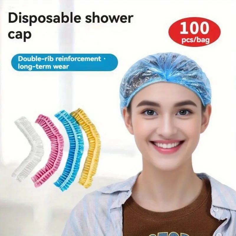 100pcs Disposable Plastic Shower Caps, Large Thick Waterproof Dustproof Oil-Proof, Women's Shower Hair Dye Head Cover, Hotel Kitchen Multi-Use, Shower Essentials, Bathroom Accessory