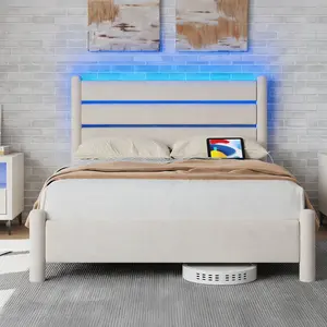 COLLAREDEAGLE Queen Bed Frame with LED Lights, Charging Station, Upholstered Headboard, Wood Slat Support, No-Squeak Design, No Spring Mattress Needed, Easy Assembly, Gray Wood Platform Bed Frame