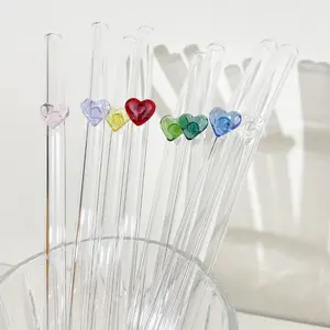 8PCS Reusable Glass Straws Set, Clear Glass Drinking Straws,8 Colorful Heart-Shaped Bent Straws with Cleaning Brushes,   8"x 0.3" High Borosilicate Glass Drinking Straw, Perfect for Party, Smoothies, Milkshakes, Juice, Tea