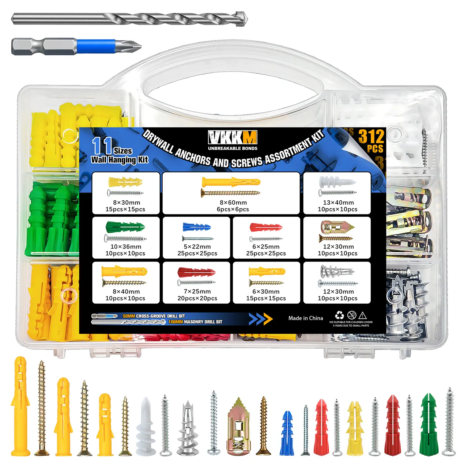 VKKM Multi-Size Drywall Anchors and Screws Assortment Kit (312Pcs, 11 Sizes) - Plastic Wall Anchors with Matching Screws, Masonry Drill Bits, Magnetic Screwdriver Bit for Wall Mounts, Drywall, Concrete, Brick, Concrete/Wood
