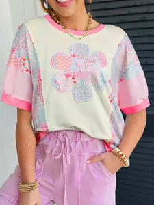 Women's Short-Sleeve Round Neck Casual Cotton Fabric Color Block Patchwork Pastel Floral Aesthetic Chic Crew Top