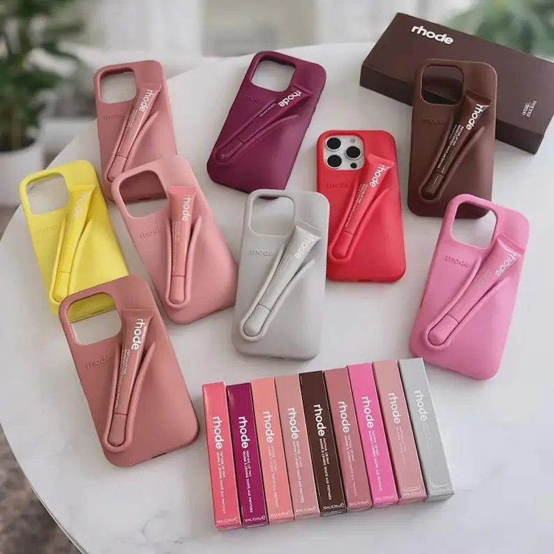 RHODE Beauty Girl Lip Gloss Case for iPhone 11 12 13 14 15 16 17 Pro Max, Soft Silicone Shockproof Protective Cover with Built in Lip Balm Holder Design