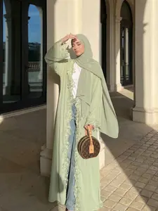 CL76 Floral Lace Trim Open Abaya & hijab– Elegant Modest Muslim Women’s Long Cardigan Dress for Eid, Ramadan & Daily Wear