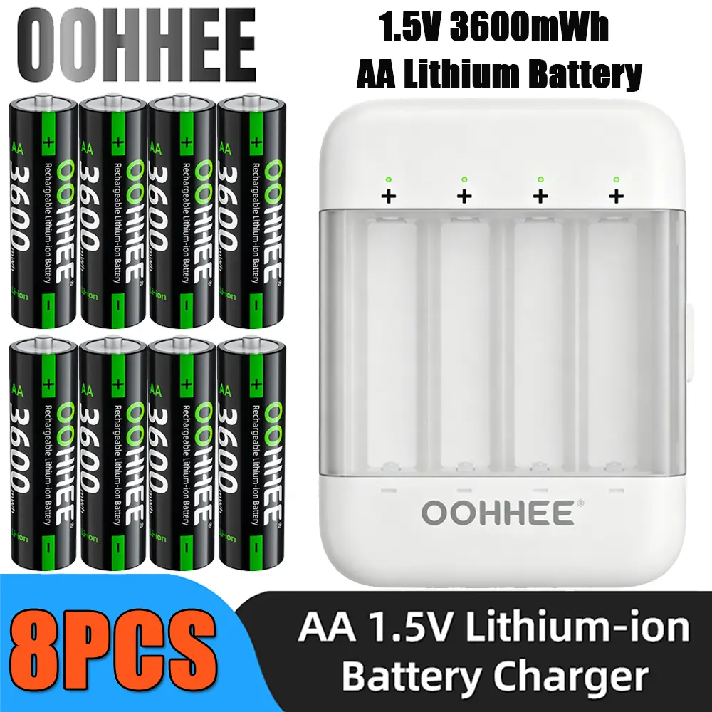 OOHHEE 8 PCS 3600mWh 1.5V Rechargeable AA Lithium Batteries with Fast Charger, Rechargeable High Capacity AA Battery, Cycle Times up to 1200x