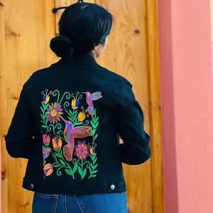 Black Denim Jacket with Vibrant Embroidered Hummingbird & Floral Design for Women