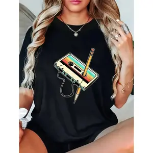 Retro 80s 90s Tape Print T-Shirt   Casual Crew Neck, Geometric Pattern, Regular Fit, Suitable for All Seasons