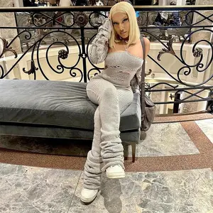 Women’s knitted halter shaggy backless slim pencil jumpsuit with hollow skeleton cutout sleeves, Harajuku casual suit/overalls