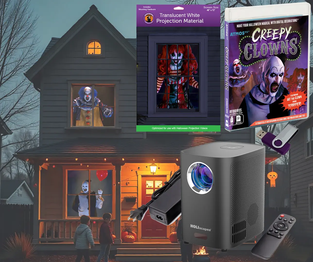 HoliScapes USB Projector Kit - AtmosFx Creepy Clowns USB + Projector + 48” x 72” Holographic Projection Screen