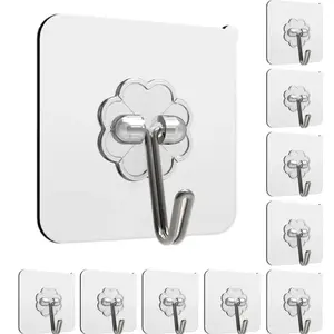 Wall Mounted Hooks, 10pcs Punch-free Adhesive Hooks, Transparent Reusable Seamless Hooks, Waterproof & Oilproof Hooks for Bathroom, Kitchen, Closet, Wardrobe, Home Organizer, Hanger Stand, Interior Organizing